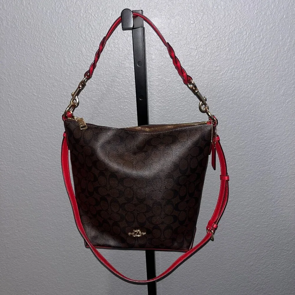 COACH ABBY DUFFLE SHOULDER & CROSSBODY STRAP BROWN SIGNATURE & RED NWOT 12